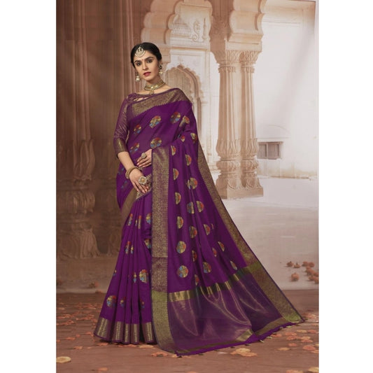 Amfyn Women's Chanderi Cotton Printed Saree With Unstitched Blouse (Purple, 5-6 Mtrs)