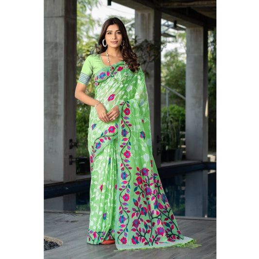 Amfyn Women's Cotton Printed Saree With Unstitched Blouse (Green, 5-6 Mtrs)