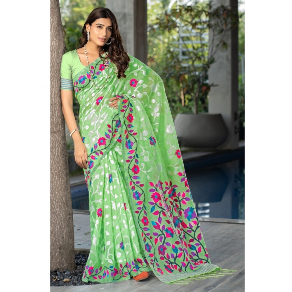 Amfyn Women's Cotton Printed Saree With Unstitched Blouse (Green, 5-6 Mtrs)