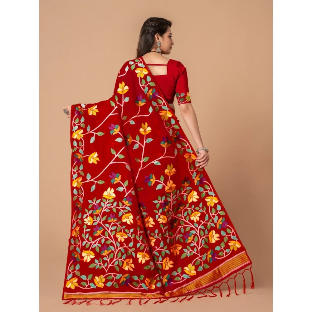 Amfyn Women's Cotton Printed Saree With Unstitched Blouse (Red, 5-6 Mtrs)