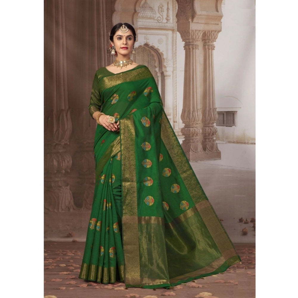 Amfyn Women's Linen Printed Saree With Unstitched Blouse (Dark Green, 5-6 Mtrs)