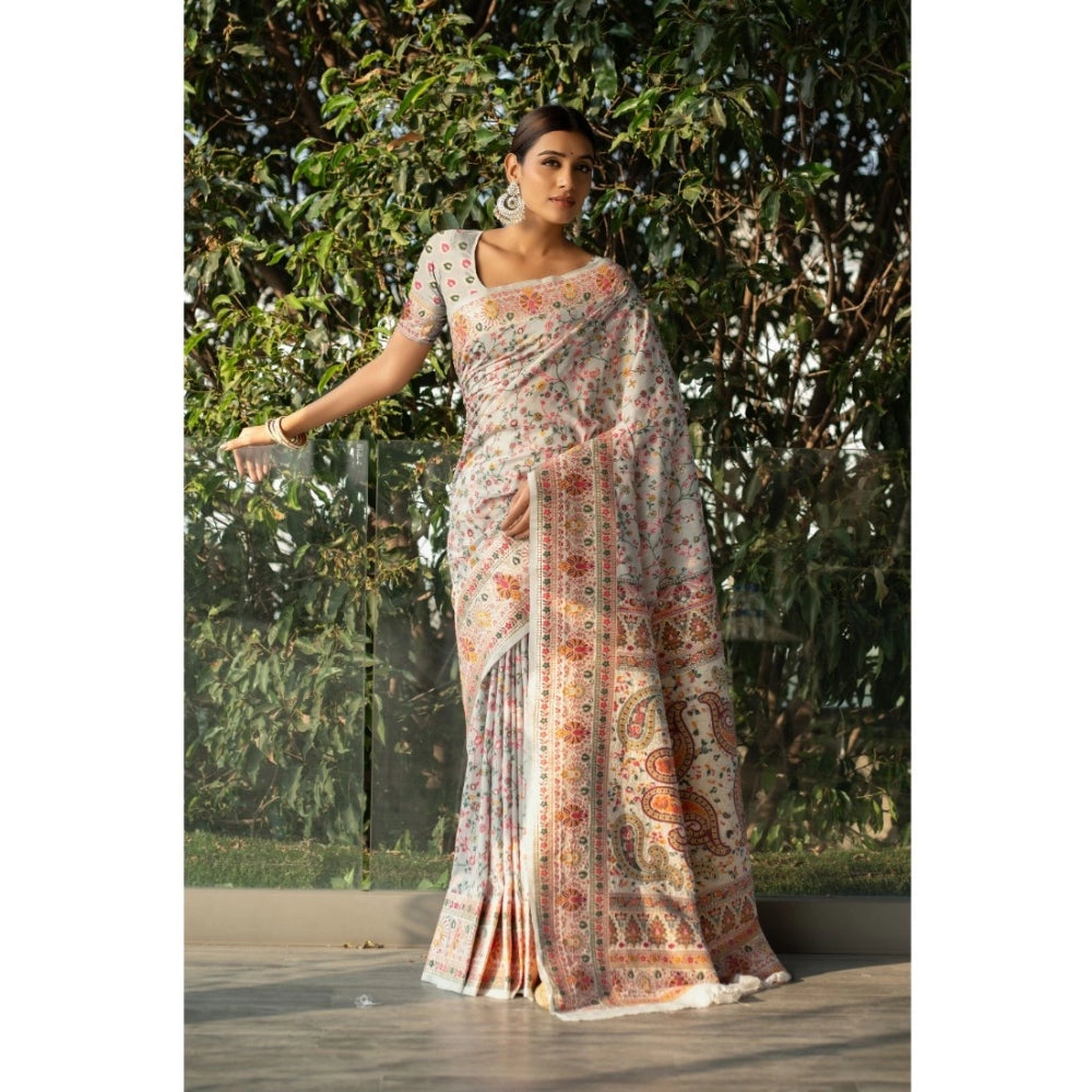 Amfyn Women's Linen Printed Saree With Unstitched Blouse (Off-White, 5-6 Mtrs)