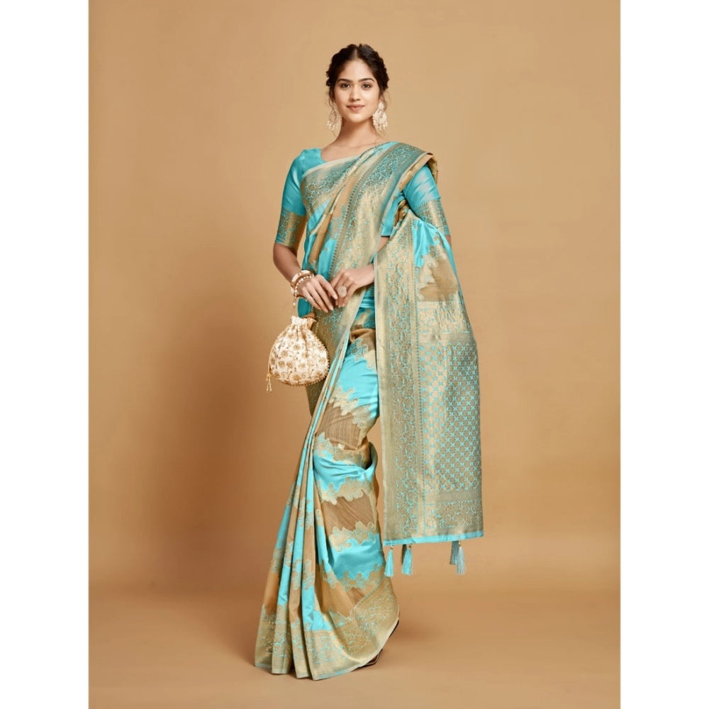 Amfyn Women's Linen Printed Saree With Unstitched Blouse (Sky Blue, 5-6 Mtrs)