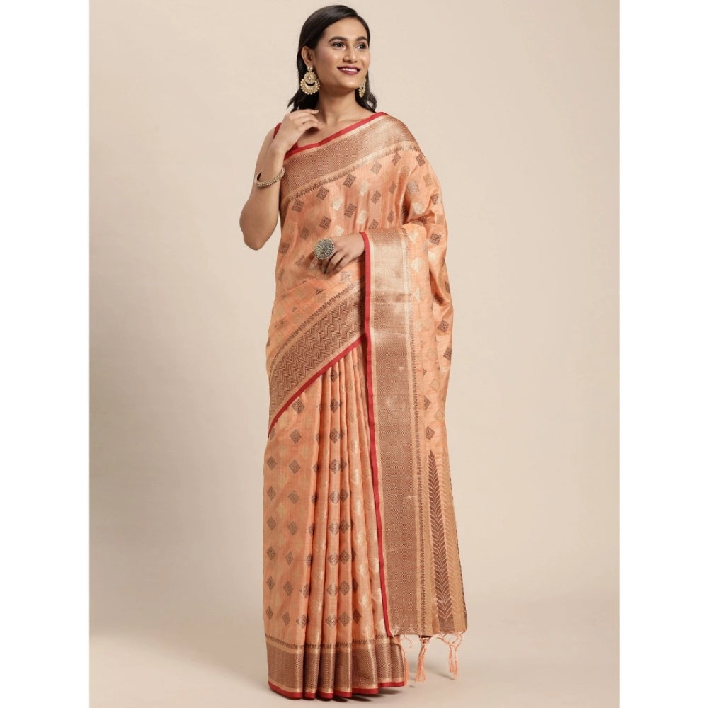 Amfyn Women's Chanderi Cotton Printed Saree With Unstitched Blouse (Orange, 5-6 Mtrs)