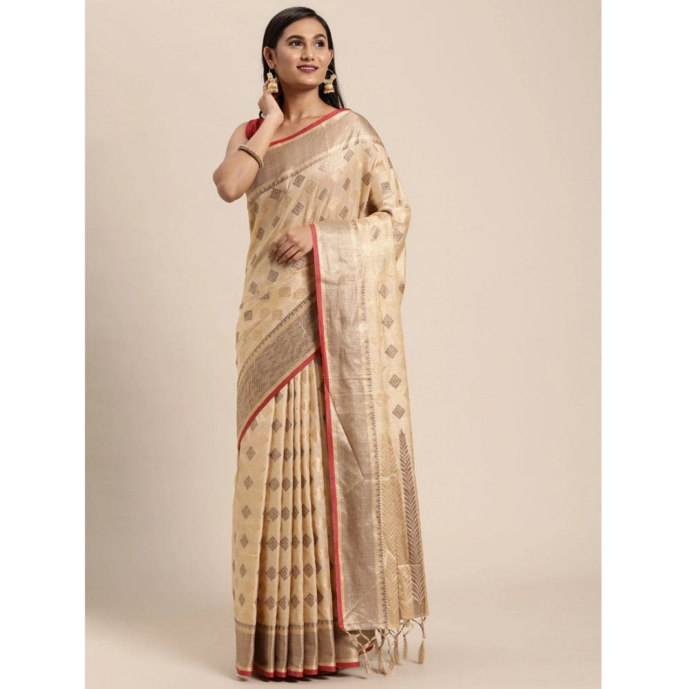 Amfyn Women's Chanderi Cotton Printed Saree With Unstitched Blouse (Beige, 5-6 Mtrs)