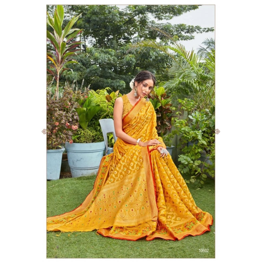 Amfyn Women's Organza Printed Saree With Unstitched Blouse (Mustard, 5-6 Mtrs)