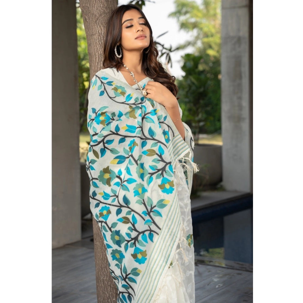 Amfyn Women's Cotton Printed Saree With Unstitched Blouse (White, 5-6 Mtrs)