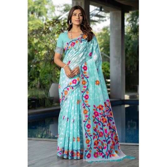 Amfyn Women's Cotton Printed Saree With Unstitched Blouse (Sky Blue, 5-6 Mtrs)