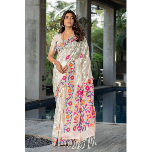 Amfyn Women's Cotton Printed Saree With Unstitched Blouse (Off-White, 5-6 Mtrs)