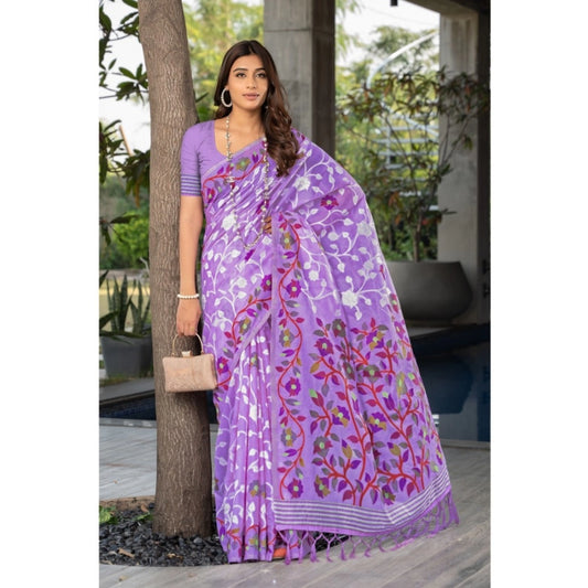 Amfyn Women's Cotton Printed Saree With Unstitched Blouse (Lavender, 5-6 Mtrs)