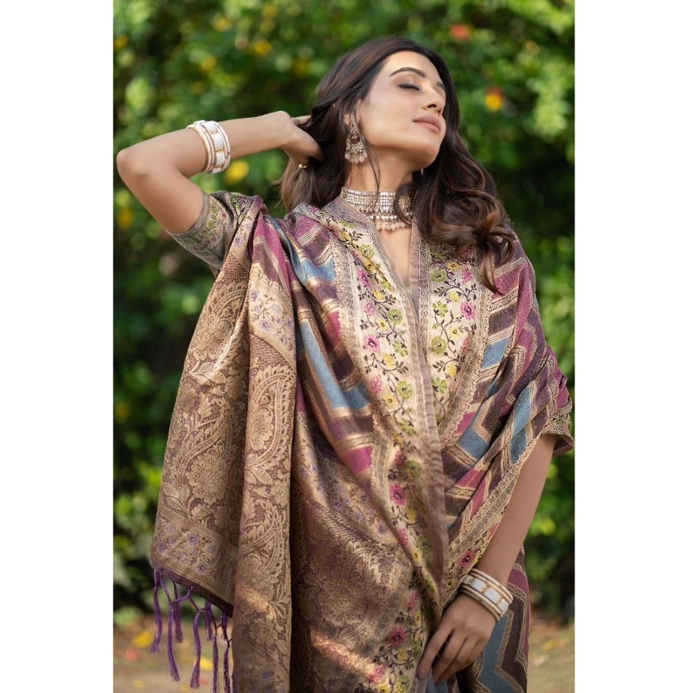 Amfyn Women's Organza Printed Saree With Unstitched Blouse (Wine, 5-6 Mtrs)