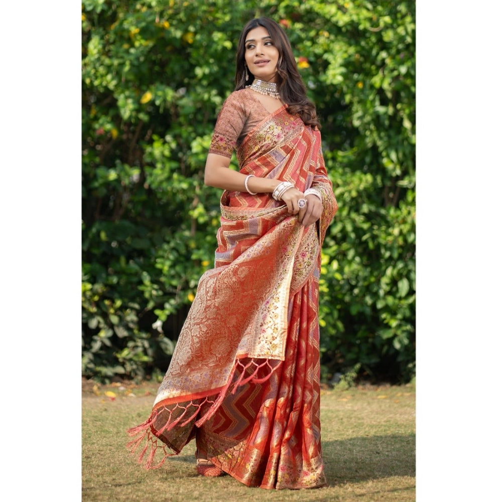 Amfyn Women's Organza Printed Saree With Unstitched Blouse (Orange, 5-6 Mtrs)