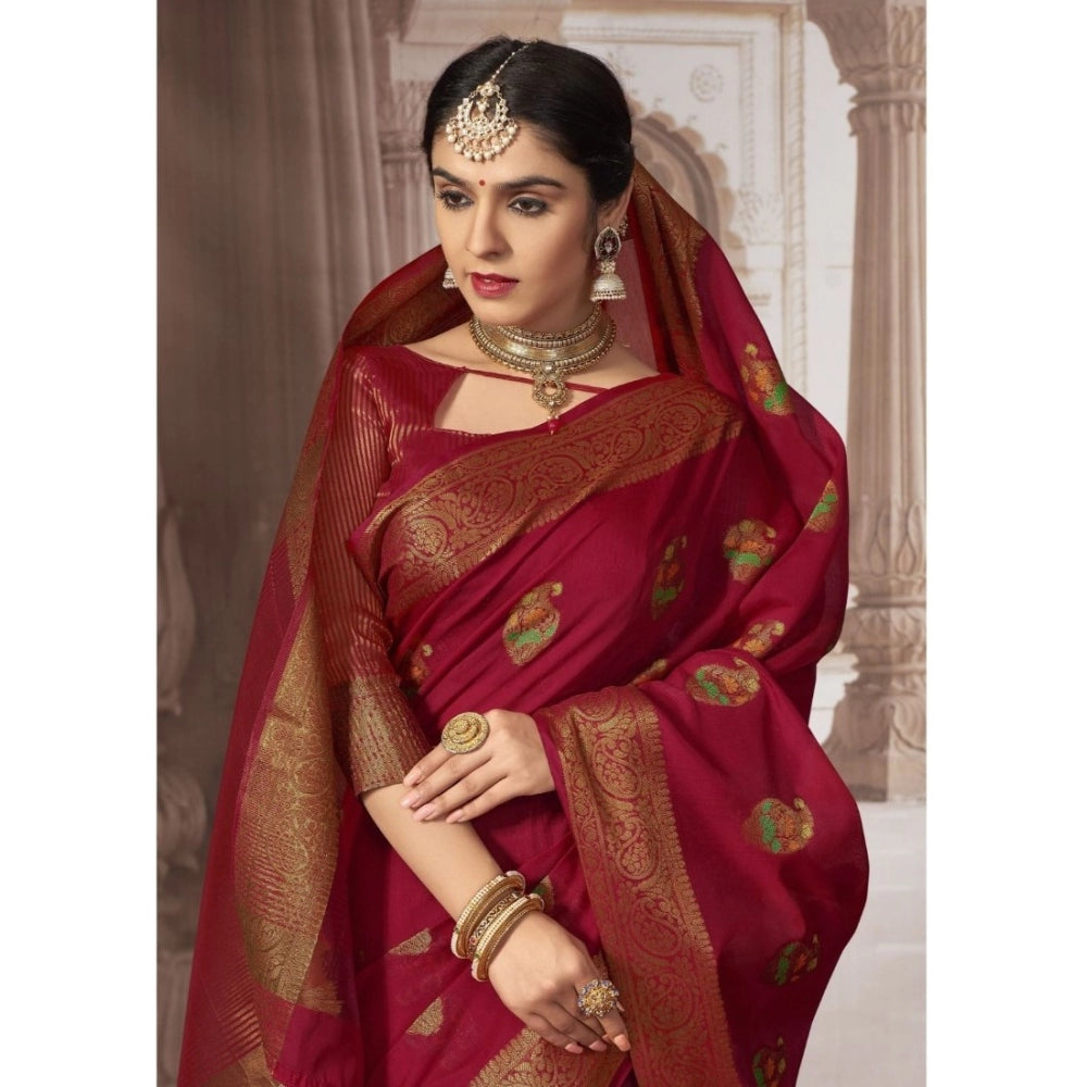 Amfyn Women's Chanderi Cotton Printed Saree With Unstitched Blouse (Red, 5-6 Mtrs)