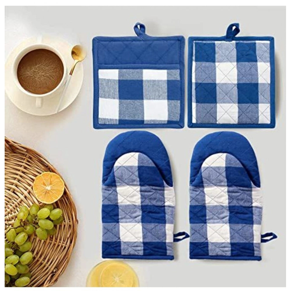 Amfyn Checked Cotton Oven Mitten and Pot Holder Sets (Blue)