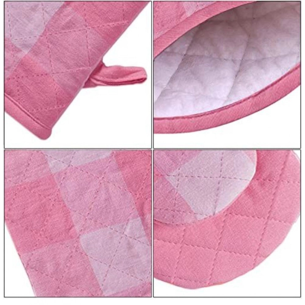 Amfyn Checked Cotton Oven Mitten and Pot Holder Sets (Pink)