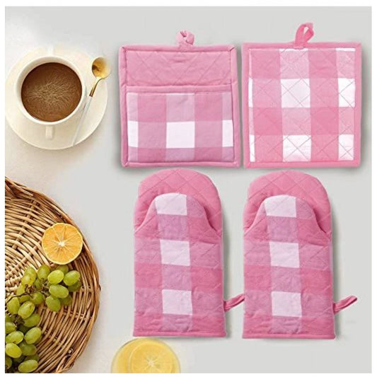 Fashion Checkered Cotton Oven Mitten and Pot Holder Sets (Pink)