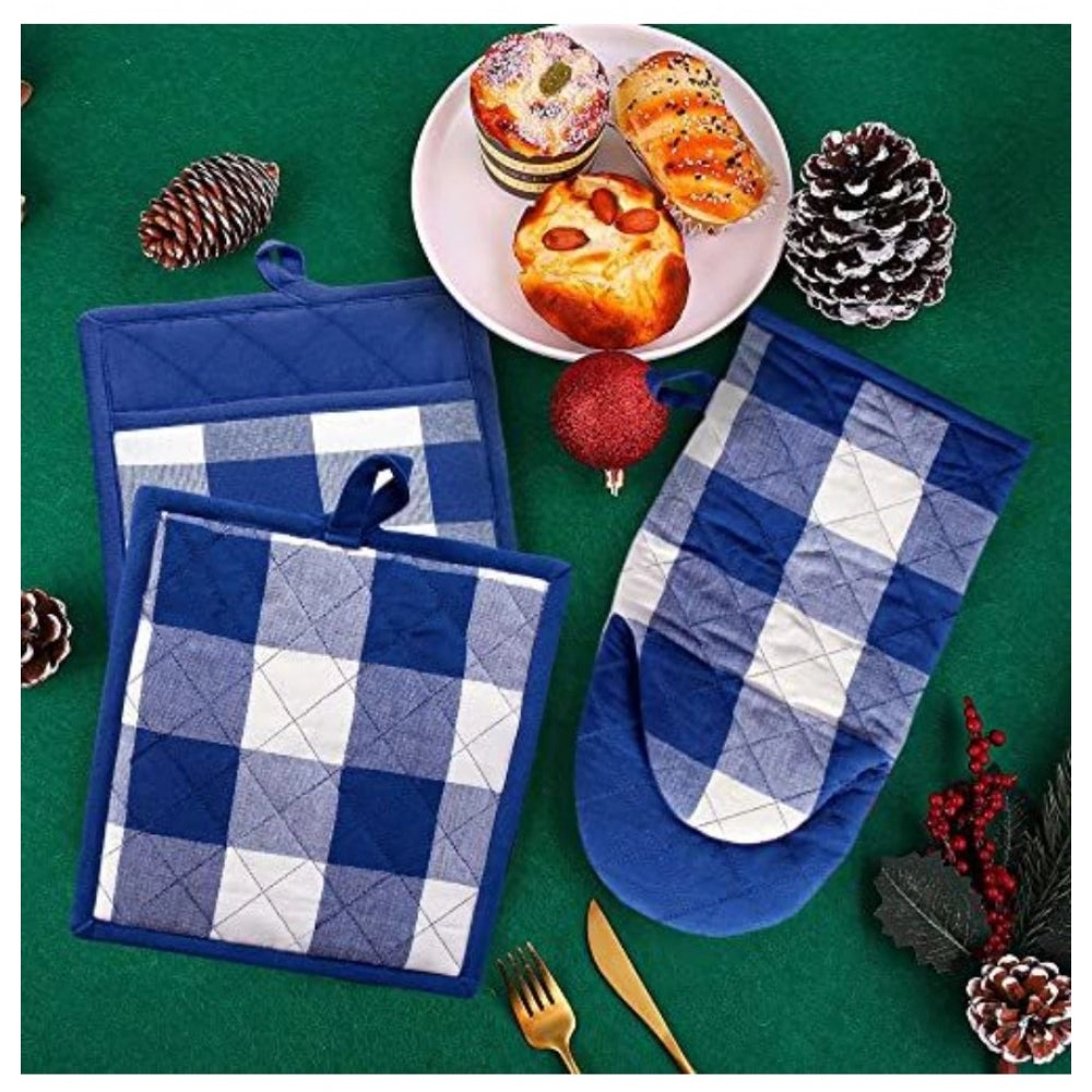 Amfyn Checked Cotton Oven Mitten and Pot Holder Sets (Blue)