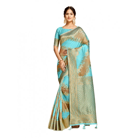 Amfyn Women's Linen Printed Saree With Unstitched Blouse (Sky Blue, 5-6 Mtrs)