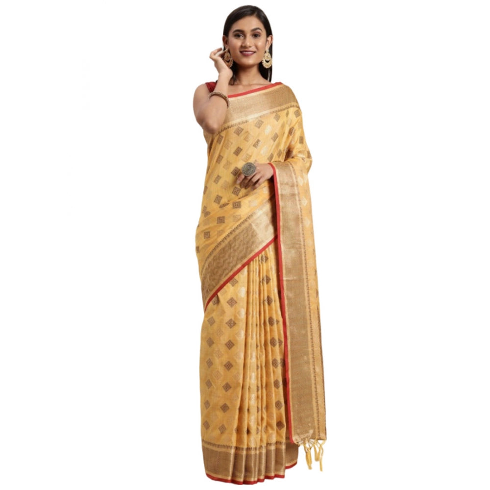 Amfyn Women's Chanderi Cotton Printed Saree With Unstitched Blouse (Yellow, 5-6 Mtrs)