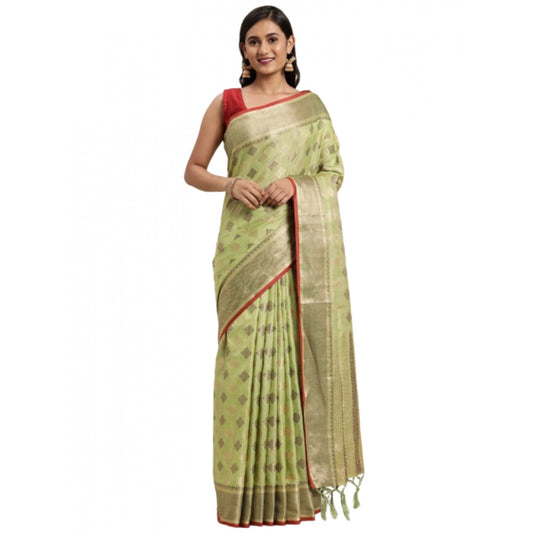 Amfyn Women's Chanderi Cotton Printed Saree With Unstitched Blouse (Pista, 5-6 Mtrs)