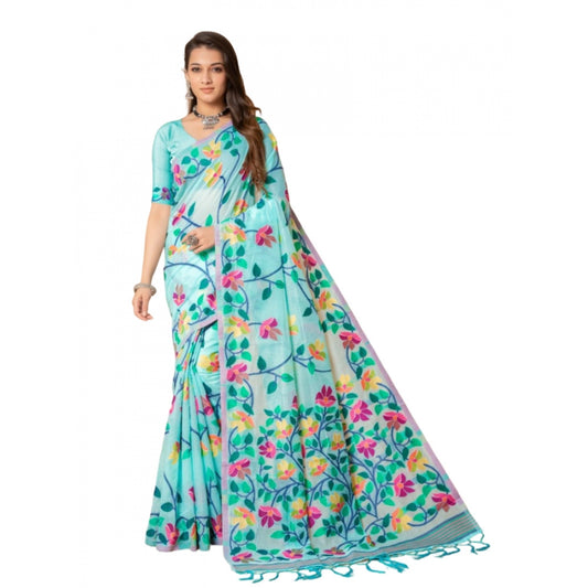 Amfyn Women's Cotton Printed Saree With Unstitched Blouse (Sky Blue, 5-6 Mtrs)