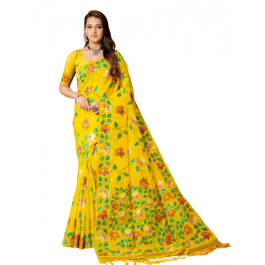 Amfyn Women's Cotton Printed Saree With Unstitched Blouse (Yellow, 5-6 Mtrs)