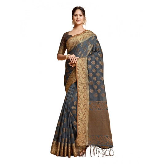 Amfyn Women's Chanderi Cotton Printed Saree With Unstitched Blouse (Grey, 5-6 Mtrs)