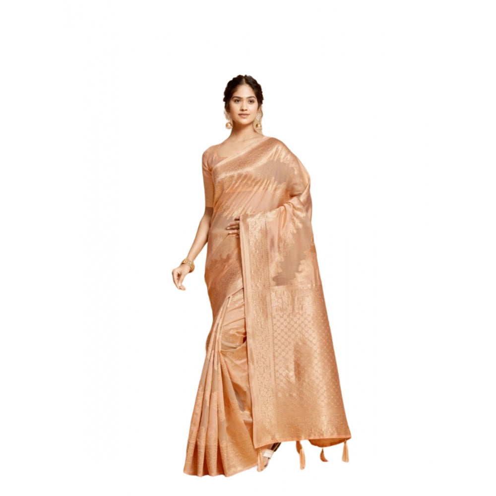 Amfyn Women's Linen Printed Saree With Unstitched Blouse (Peach, 5-6 Mtrs)