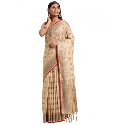 Amfyn Women's Chanderi Cotton Printed Saree With Unstitched Blouse (Beige, 5-6 Mtrs)