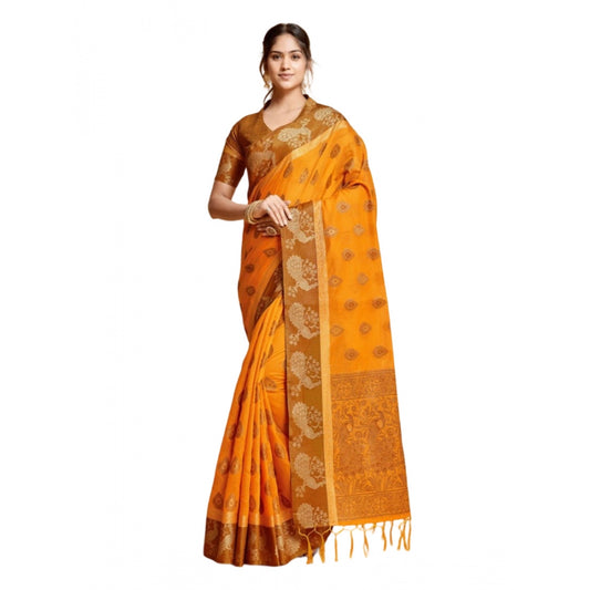 Amfyn Women's Organza Printed Saree With Unstitched Blouse (Mustard, 5-6 Mtrs)