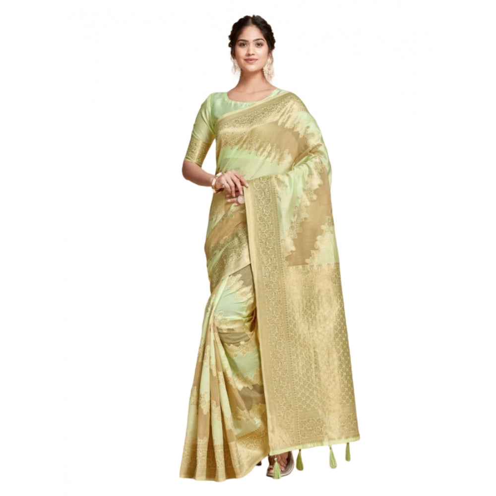 Amfyn Women's Linen Printed Saree With Unstitched Blouse (Pista, 5-6 Mtrs)