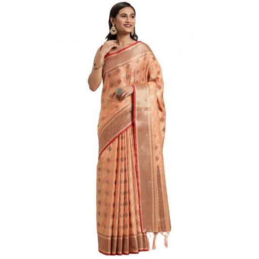 Amfyn Women's Chanderi Cotton Printed Saree With Unstitched Blouse (Orange, 5-6 Mtrs)