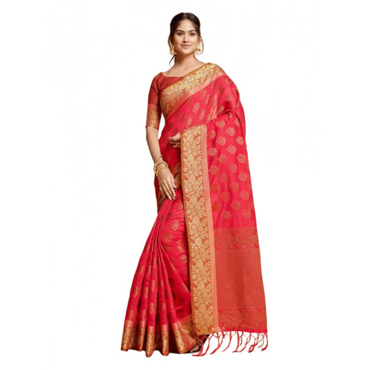 Amfyn Women's Chanderi Cotton Printed Saree With Unstitched Blouse (Pink, 5-6 Mtrs)