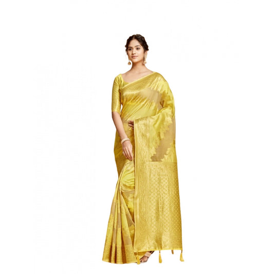 Amfyn Women's Linen Printed Saree With Unstitched Blouse (Yellow, 5-6 Mtrs)