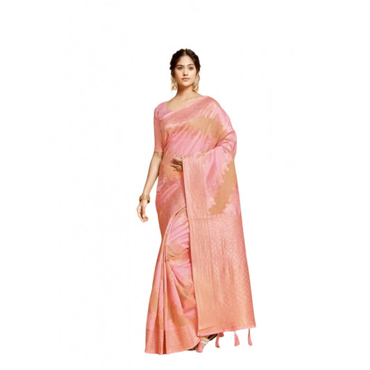 Amfyn Women's Linen Printed Saree With Unstitched Blouse (Pink, 5-6 Mtrs)