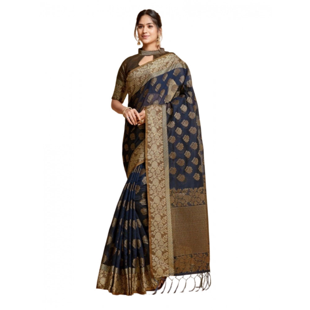 Amfyn Women's Chanderi Cotton Printed Saree With Unstitched Blouse (Navy, 5-6 Mtrs)