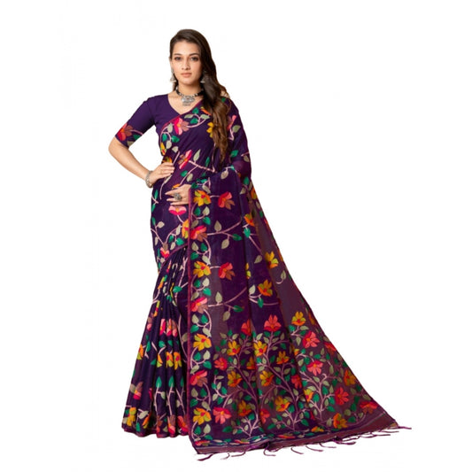 Amfyn Women's Cotton Printed Saree With Unstitched Blouse (Wine, 5-6 Mtrs)