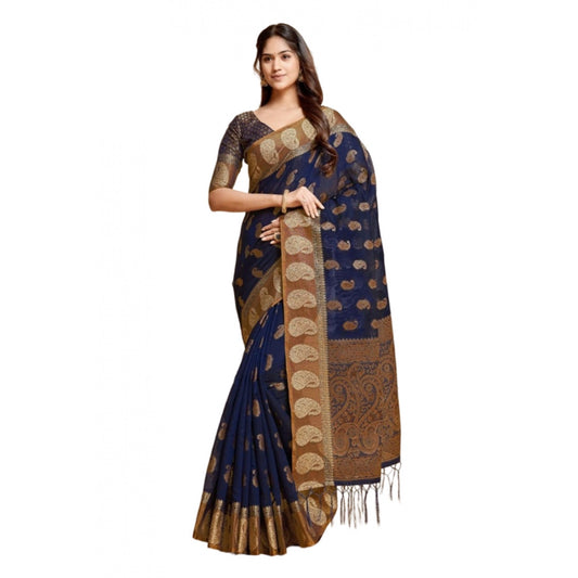 Amfyn Women's Chanderi Cotton Printed Saree With Unstitched Blouse (Navy Blue, 5-6 Mtrs)