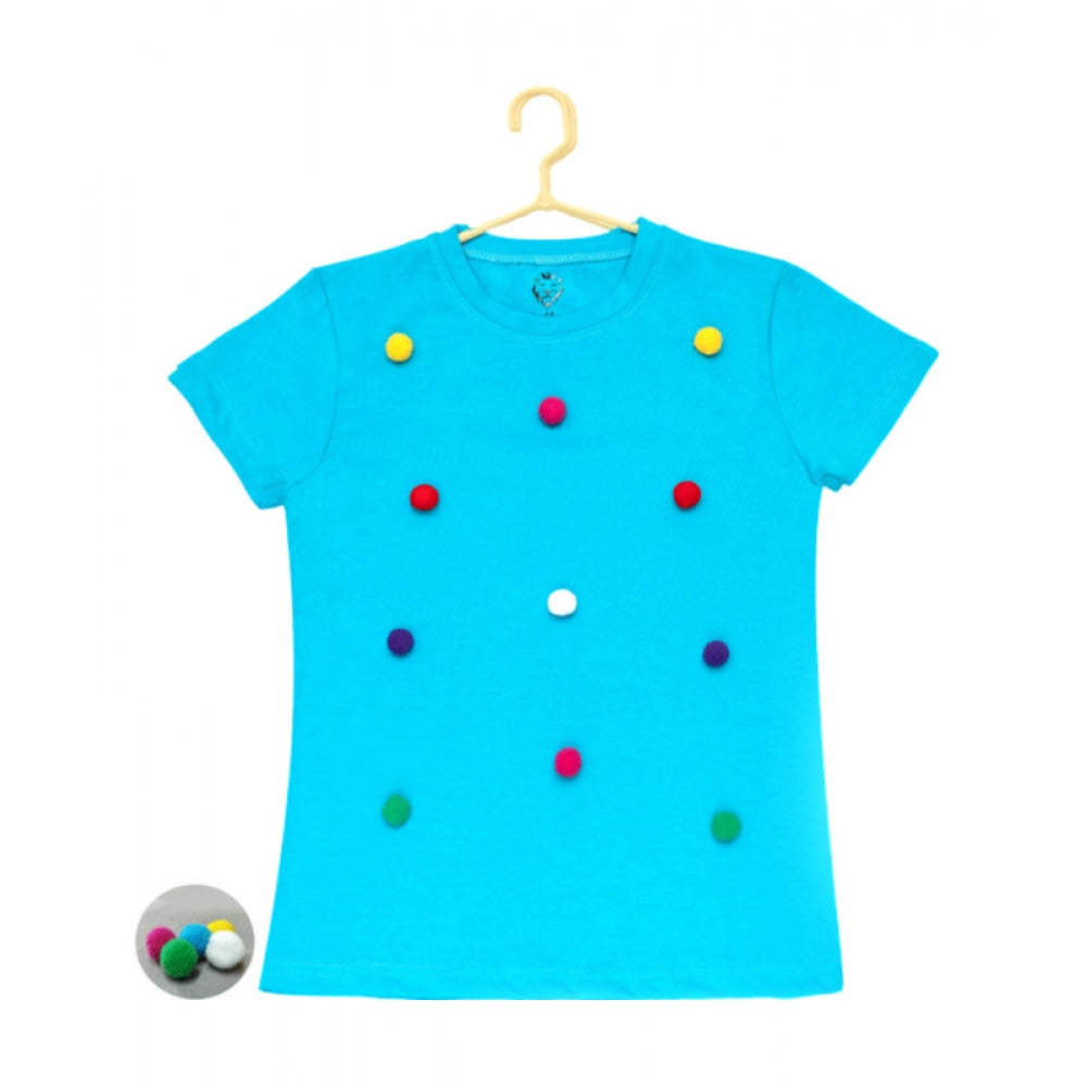 Amfyn Girl's Casual Short Sleeve Pom Pom Balls Cotton T Shirt (Blue)