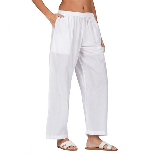 Amfyn Women's Casual Cotton Cambric Solid Elastic Palazzo Trousers (White)