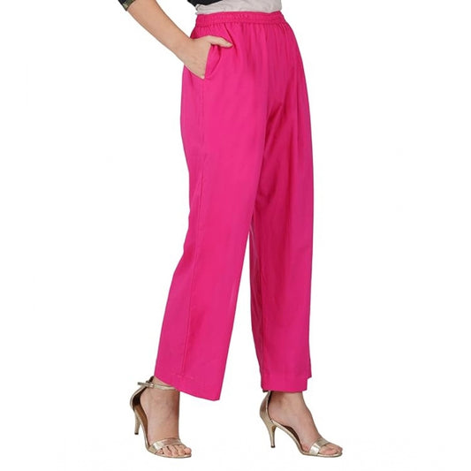 Amfyn Women's Casual Cotton Cambric Solid Elastic Palazzo Trousers (Pink)