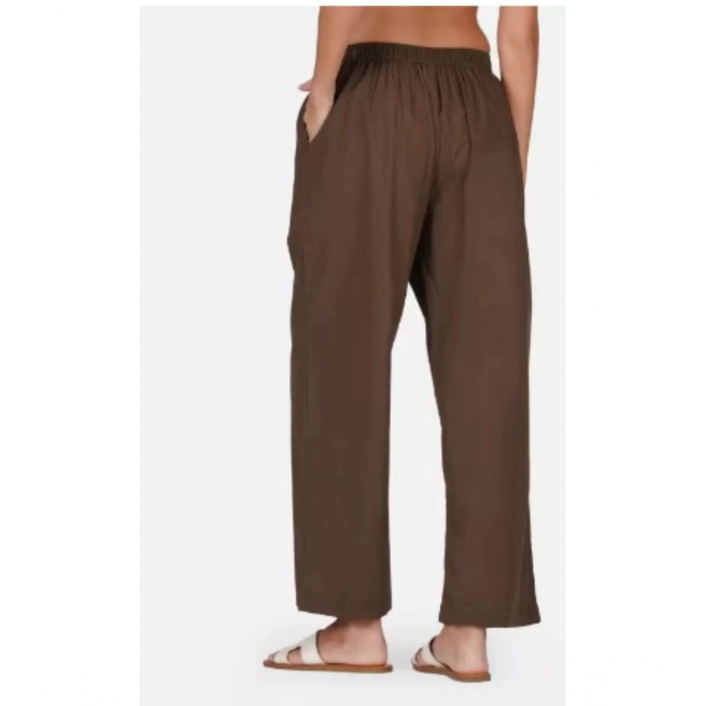 Amfyn Women's Casual Cotton Cambric Solid Elastic Palazzo Trousers (Brown)