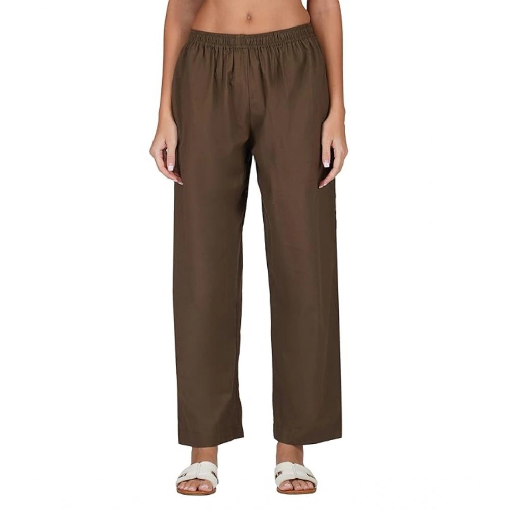 Amfyn Women's Casual Cotton Cambric Solid Elastic Palazzo Trousers (Brown)