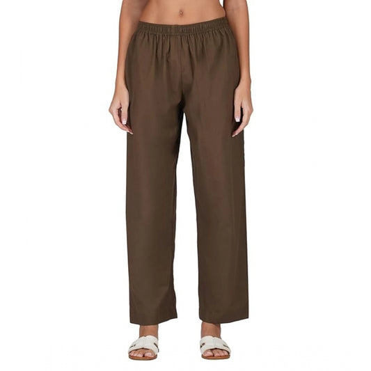 Amfyn Women's Casual Cotton Cambric Solid Elastic Palazzo Trousers (Brown)