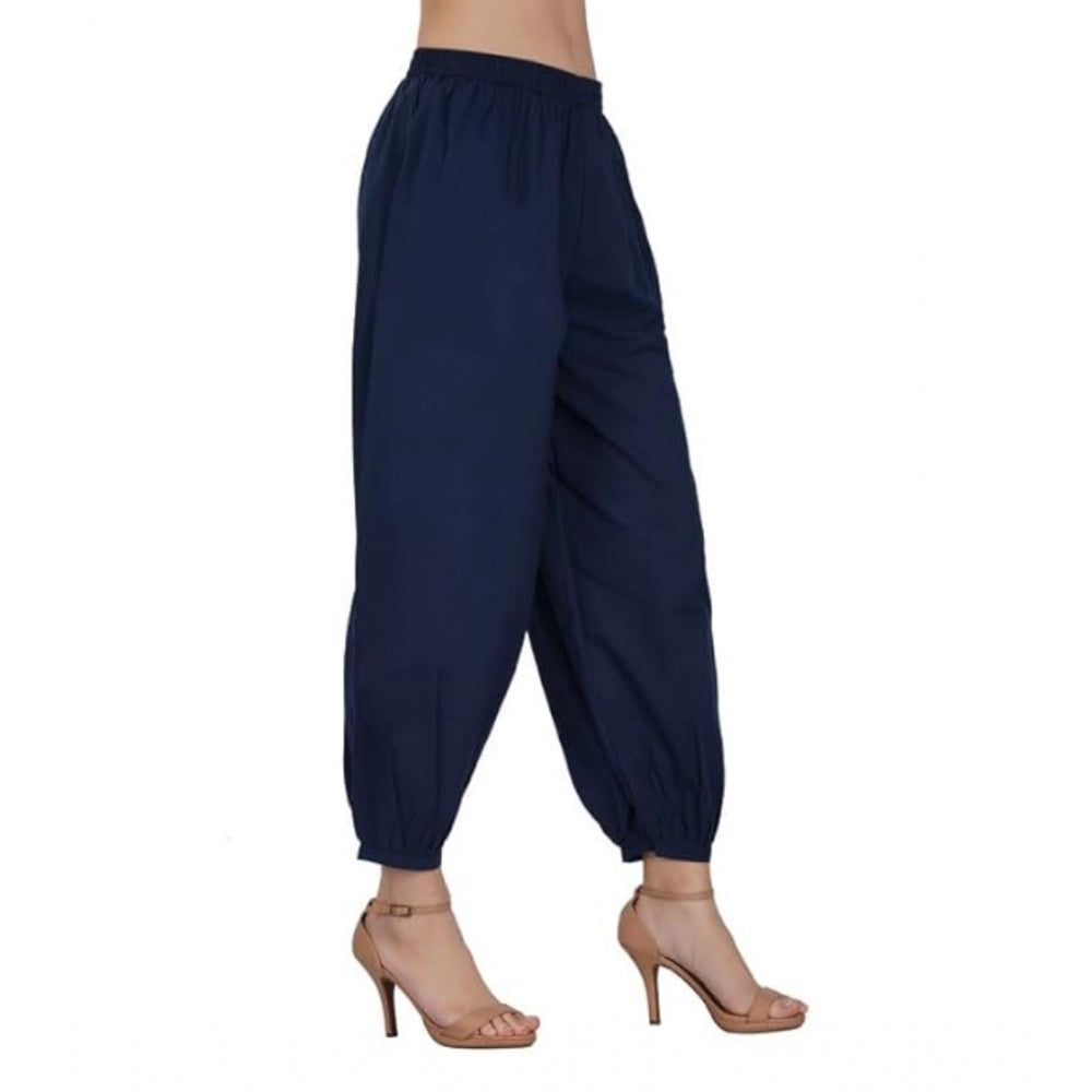 Amfyn Women's Casual Cotton Cambric Solid Elastic Waist Patiala Harem Pants (Navy Blue)