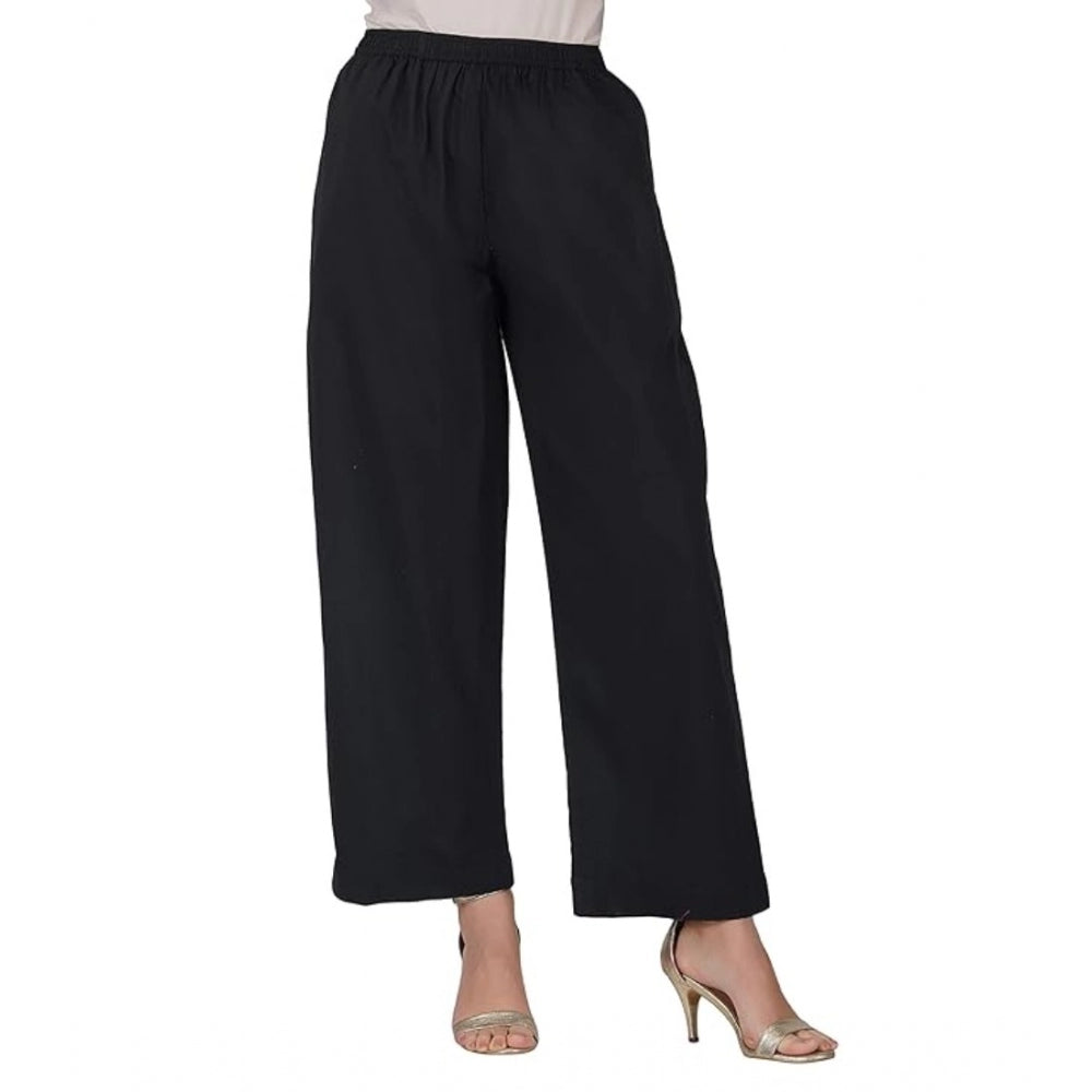 Amfyn Women's Casual Cotton Cambric Solid Elastic Palazzo Trousers (Black)