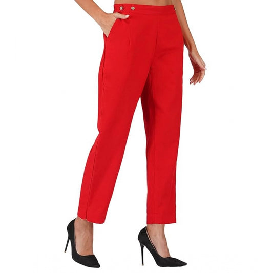 Amfyn Women's Casual Cotton Flax Solid Adjustable Waist Trouser Pants (Red)