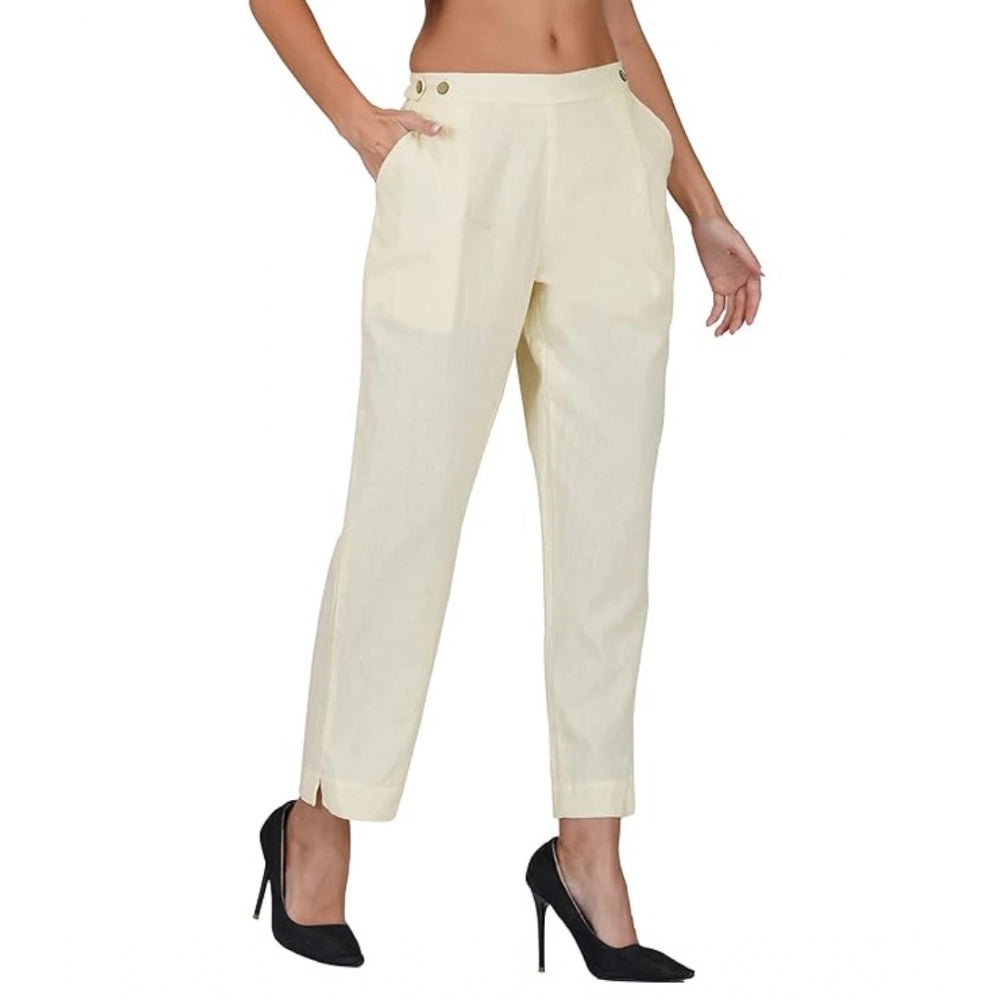 Amfyn Women's Casual Cotton Flax Solid Adjustable Waist Trouser Pants (Cream)