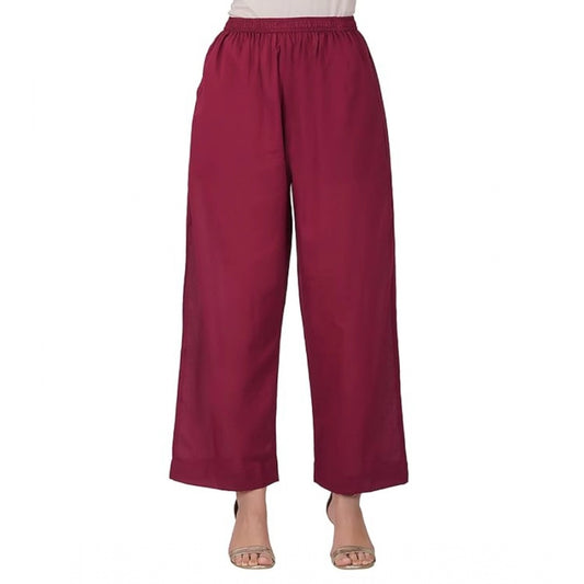 Amfyn Women's Casual Cotton Cambric Solid Elastic Palazzo Trousers (Maroon)