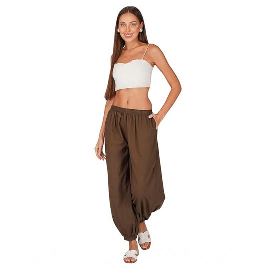 Amfyn Women's Casual Cotton Cambric Solid Elastic Waist Patiala Harem Pants (Brown)